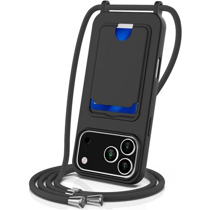 Mobigear Lanyard Card iPhone 18 Pro Max Siliconen Hoesje met koord en Pasjeshouder - Zwart