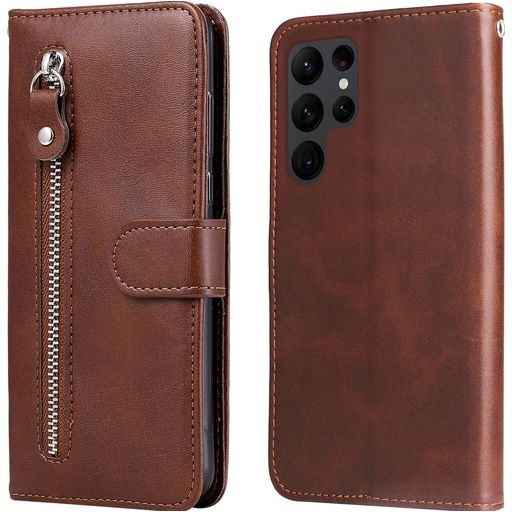 Mobigear Zipper Samsung Galaxy S23 Ultra Hoesje Bookcase Portemonnee - Bruin