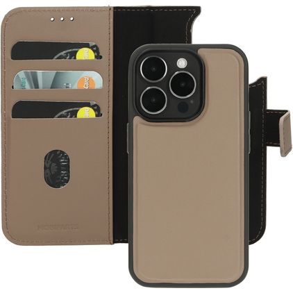 Mobiparts iPhone 15 Pro MagSafe Hoesje Echt Leer Uitneembare 2in1 Bookcase Portemonnee - Taupe
