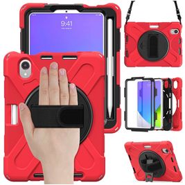 Mobigear SureGrip XGuard iPad Mini 7 (2024) Hoes Hard Kunststof,Siliconen Backcover + Stylus Houder + Schouderband + Standaard - Rood