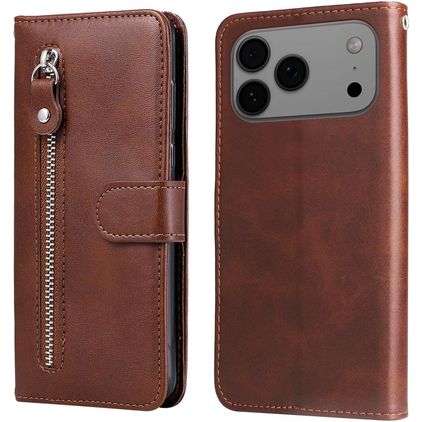 Mobigear Zipper iPhone 17 Pro Max Hoesje Bookcase Portemonnee - Bruin