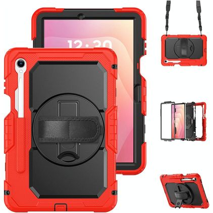 Mobigear SureGrip XGuard Samsung Galaxy Tab S11 Hoes Hard Kunststof,Siliconen Backcover + Stylus Houder + Schouderband + Standaard - Rood