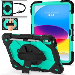 Mobigear SureGrip Xtreme iPad 10 (2022) Hoes Hard Kunststof,Siliconen Backcover + Stylus Houder + Schouderband + Standaard - Zwart / Turquoise