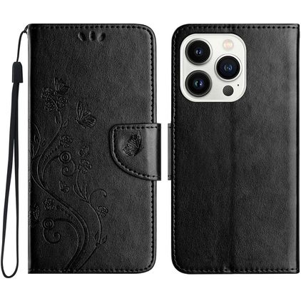 Mobigear Flowers iPhone 16 Pro Hoesje Bookcase Portemonnee - Zwart