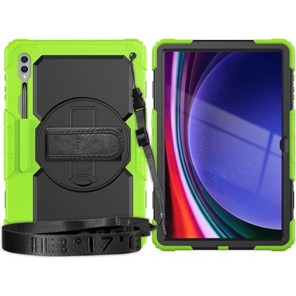 Mobigear SureGrip Xtreme Samsung Galaxy Tab S9 Ultra Hoes Hard kunststof / Siliconen Backcover + Schouderband + Standaard - Zwart / Groen