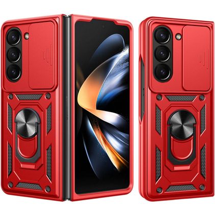 Mobigear Armor Ring Cam Slide Samsung Galaxy Z Fold 7 Hoesje Hardcase Backcover Shockproof met Ringhouder en Camera Slider - Rood