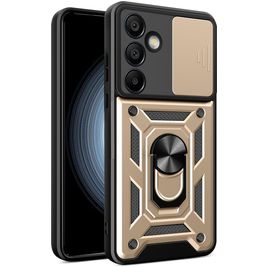Mobigear Armor Ring Cam Slide Samsung Galaxy S24 FE Hoesje Hardcase Backcover Shockproof met Ringhouder en Camera Slider - Goud