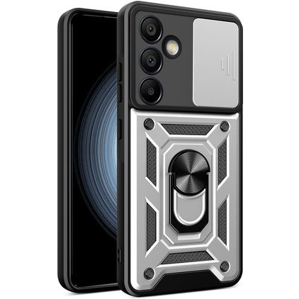 Mobigear Armor Ring Cam Slide Samsung Galaxy S24 FE Hoesje Hardcase Backcover Shockproof met Ringhouder en Camera Slider - Zilver