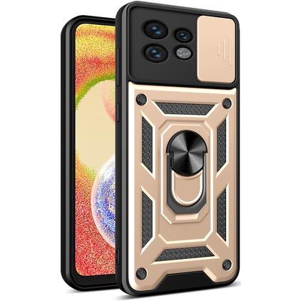 Mobigear Armor Ring Cam Slide Motorola Edge 40 Pro Hoesje Hardcase Backcover Shockproof met Ringhouder en Camera Slider - Goud