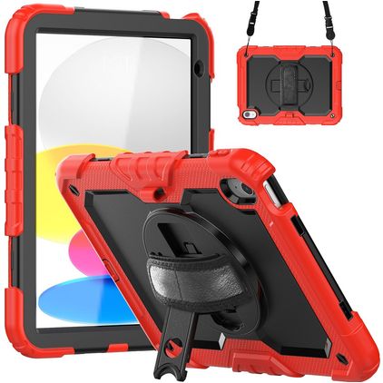 Mobigear SureGrip Xtreme iPad 11 (2025) Hoes Hard Kunststof,Siliconen Backcover + Schouderband + Standaard - Zwart / Rood