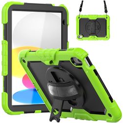 Mobigear SureGrip Xtreme iPad 10 (2022) Hoes Hard Kunststof,Siliconen Backcover + Schouderband + Standaard - Zwart / Groen