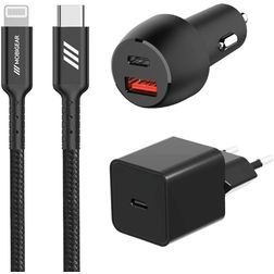 Mobigear Essentials Oplader + Autolader + Apple Lightning Kabel 1 Meter Power Delivery 48W - Zwart