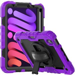 Mobigear SureGrip Xtreme iPad Mini 7 (2024) Hoes Hard Kunststof,Siliconen Backcover + Stylus Houder + Schouderband + Standaard - Paars