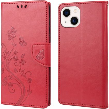 Mobigear Flowers iPhone 14 Hoesje Bookcase Portemonnee - Rood