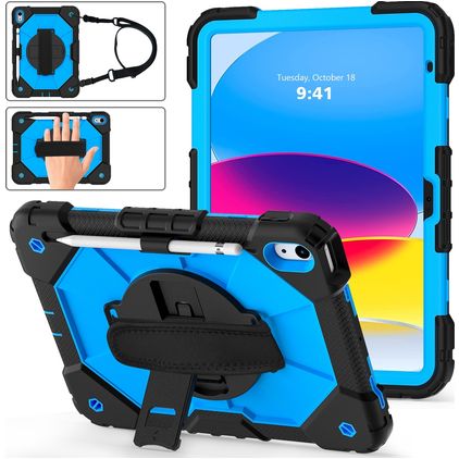 Mobigear SureGrip Xtreme iPad 11 (2025) Hoes Hard kunststof / Siliconen Backcover + Stylus Houder + Schouderband + Standaard - Blauw