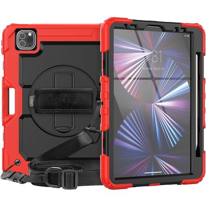 Mobigear SureGrip Xtreme iPad Air 11 Inch (2026) Hoes Hard Kunststof,Siliconen Backcover + Stylus Houder + Schouderband + Standaard - Rood