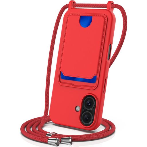 Mobigear Lanyard Card iPhone 16 Plus Siliconen Hoesje met koord en Pasjeshouder - Rood