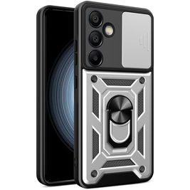 Mobigear Armor Ring Cam Slide Samsung Galaxy S24 FE Hoesje Hardcase Backcover Shockproof met Ringhouder en Camera Slider - Zilver