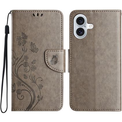 Mobigear Flowers iPhone 16 Plus Hoesje Bookcase Portemonnee - Grijs