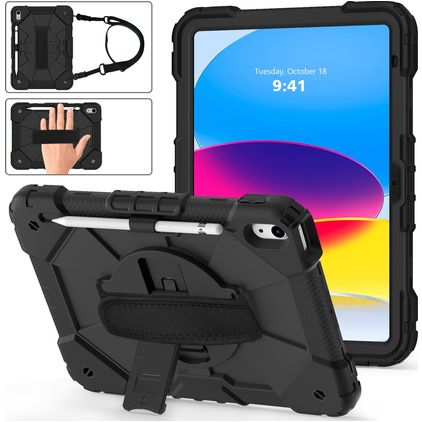Mobigear SureGrip Xtreme iPad 11 (2025) Hoes Hard Kunststof,Siliconen Backcover + Schouderband + Standaard - Zwart