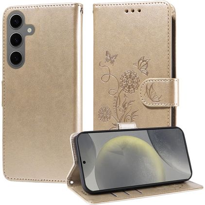 Mobigear Flowers Samsung Galaxy S25 Hoesje Bookcase Portemonnee - Goud