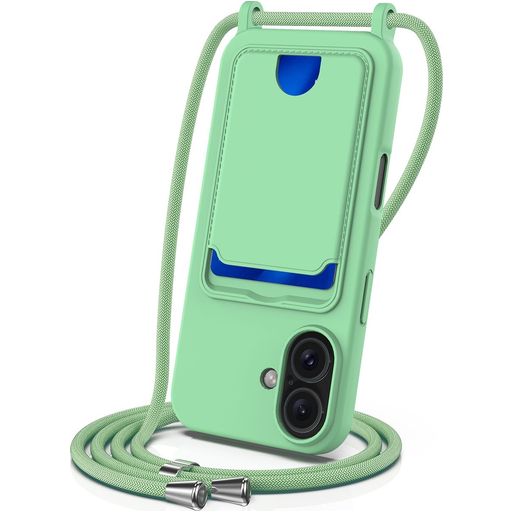 Mobigear Lanyard Card iPhone 16 Plus Siliconen Hoesje met koord en Pasjeshouder - Groen