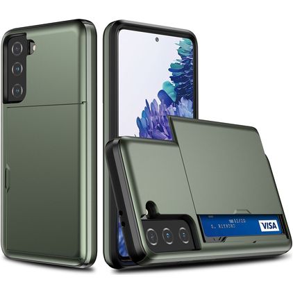 Mobigear Card Samsung Galaxy S21 Hoesje Hardcase Backcover Shockproof met Pasjeshouder - Legergroen