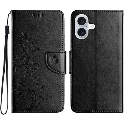 Mobigear Flowers iPhone 16 Hoesje Bookcase Portemonnee - Zwart