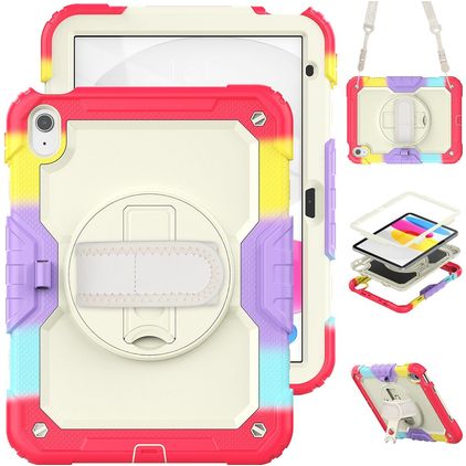 Mobigear SureGrip Xtreme iPad 10 (2022) Hoes Hard Kunststof,Siliconen Backcover + Schouderband + Standaard - Rainbow