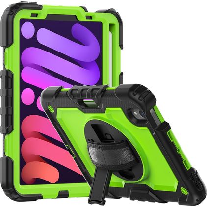 Mobigear SureGrip Xtreme iPad Mini 7 (2024) Hoes Hard Kunststof,Siliconen Backcover + Stylus Houder + Schouderband + Standaard - Zwart / Groen