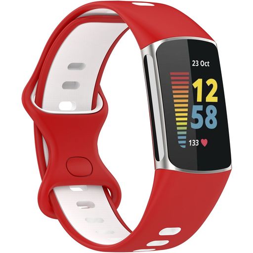 Mobigear Sport Dual Siliconen Fitbit Charge 5 Bandje Druksluiting - Wit / Rood