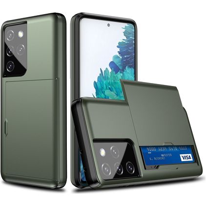 Mobigear Card Samsung Galaxy S21 Ultra Hoesje Hardcase Backcover Shockproof met Pasjeshouder - Legergroen