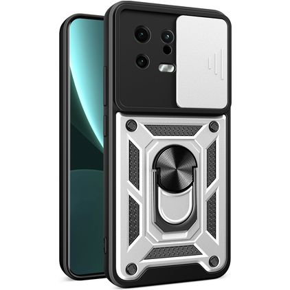 Mobigear Armor Ring Cam Slide Xiaomi 13 Hoesje Hardcase Backcover Shockproof met Ringhouder en Camera Slider - Zilver