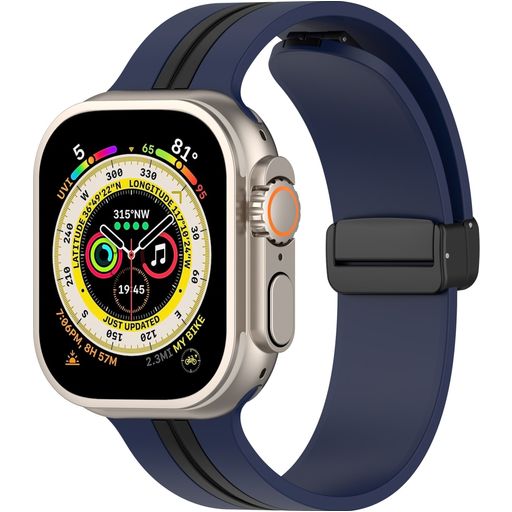 Mobigear Stripe Mag Siliconen Apple Watch Bandje Magneetsluiting - 49/46/45/44 mm - Zwart / Donkerblauw