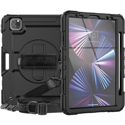 Mobigear SureGrip Xtreme iPad Pro 11 Inch (2025) Hoes Hard Kunststof,Siliconen Backcover + Stylus Houder + Schouderband + Standaard - Zwart