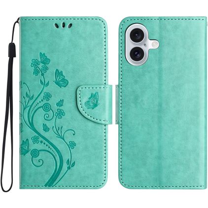 Mobigear Flowers iPhone 16 Plus Hoesje Bookcase Portemonnee - Groen
