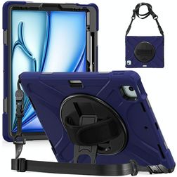 Mobigear SureGrip XGuard iPad Air 13 Inch (2024) Hoes Hard Kunststof,Siliconen Backcover + Stylus Houder + Schouderband + Standaard - Marineblauw