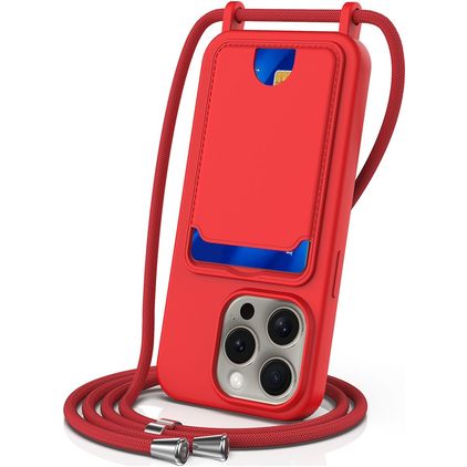 Mobigear Lanyard Card iPhone 16 Pro Siliconen Hoesje met koord en Pasjeshouder - Rood