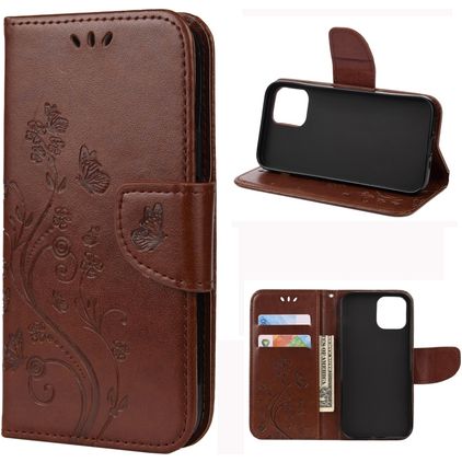 Mobigear Flowers iPhone 12 Mini Hoesje Bookcase Portemonnee - Bruin