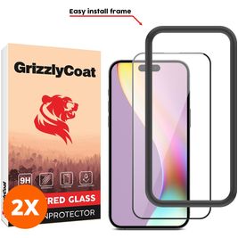 GrizzlyCoat Easy Fit iPhone 15 Plus Glazen Screenprotector - Case Friendly + Installatie Frame - Zwart (2-Pack)