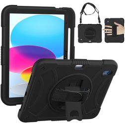 Mobigear SureGrip iPad 10 (2022) Hoes Hard Kunststof,Siliconen Backcover + Stylus Houder + Schouderband + Standaard - Zwart