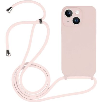 Mobigear Lanyard iPhone 14 Plus Siliconen Hoesje met koord - Sand Pink