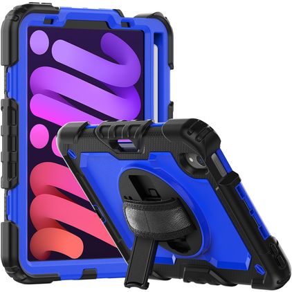 Mobigear SureGrip Xtreme iPad Mini 6 (2021) Hoes Hard Kunststof,Siliconen Backcover + Stylus Houder + Schouderband + Standaard - Zwart / Blauw