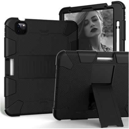 Mobigear ShieldStand iPad Air 5 (2022) Hoes Hard Kunststof,Siliconen Backcover + Stylus Houder + Standaard - Zwart