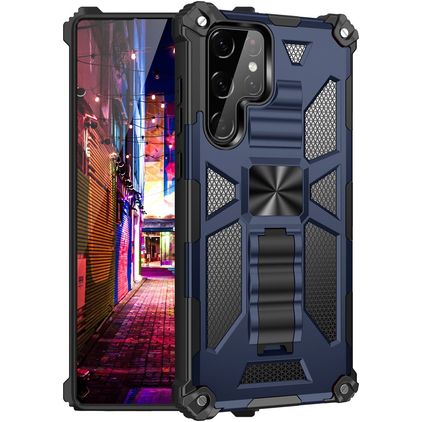 Mobigear Armor Stand Samsung Galaxy S22 Ultra Hoesje Hardcase Backcover Shockproof met Standaard - Blauw