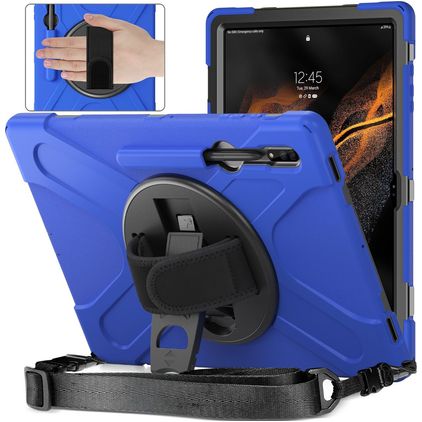 Mobigear SureGrip XGuard Samsung Galaxy Tab S8 Ultra Hoes Hard Kunststof,Siliconen Backcover + Stylus Houder + Schouderband + Standaard - Blauw
