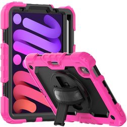 Mobigear SureGrip Xtreme iPad Mini 7 (2024) Hoes Hard Kunststof,Siliconen Backcover + Stylus Houder + Schouderband + Standaard - Zwart / Roze