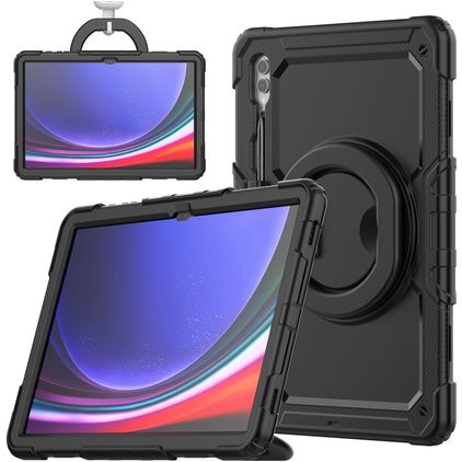 Mobigear RingGuard Samsung Galaxy Tab S10 Ultra Hoes Hard Kunststof,Siliconen Backcover + Stylus Houder + Schouderband + Standaard - Zwart