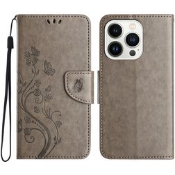Mobigear Flowers iPhone 16 Pro Hoesje Bookcase Portemonnee - Grijs