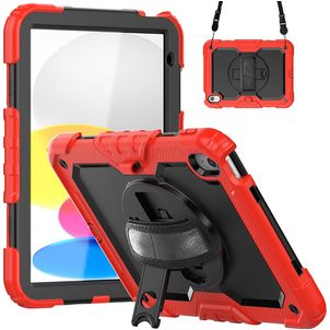Mobigear SureGrip Xtreme iPad 11 (2025) Hoes Hard Kunststof,Siliconen Backcover + Schouderband + Standaard - Zwart / Rood
